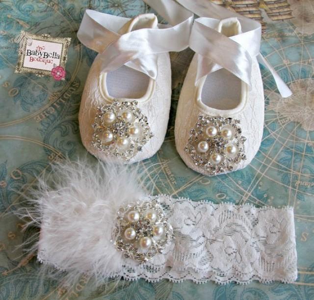 Baby Girl Lace Crib Shoes And Headband Set, ,Baby Shoes,Christening