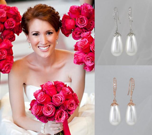 Rose Gold Bridal Earrings, Pearl Drop Wedding Earrings , Simple Bridal