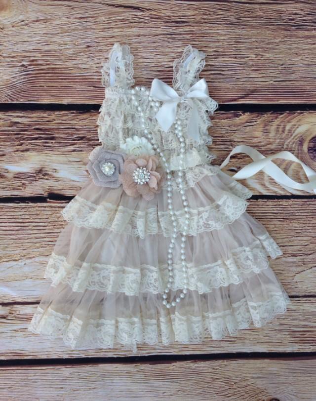Tan Beige Lace BurlapToddler Baby Girl Dress, Burlap Flower,Tan Beige Flower Girl Dress, Toddler
