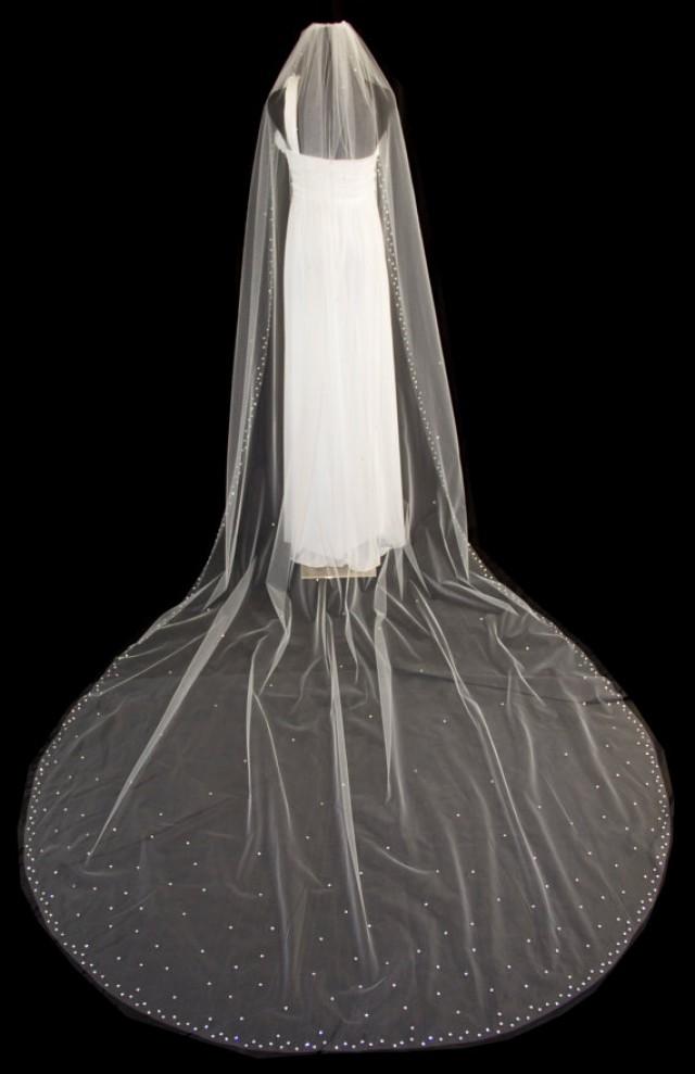 Cathedral Length Bridal Veil With Crystal Edge And Scattered Crystals, 120 Inch Wedding Veil
