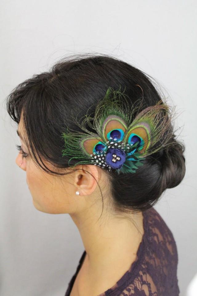Peacock Hair Accessories Peacock Feather Clip Navy Boho Flower