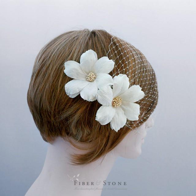 Duo Blossom Birdcage Veil With Silk Dupioni, Double Flowers Dupioni