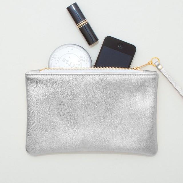 Metallic Silver Leather Zipper Wristlet, Zipper Pouch, Cell Phone Pouch