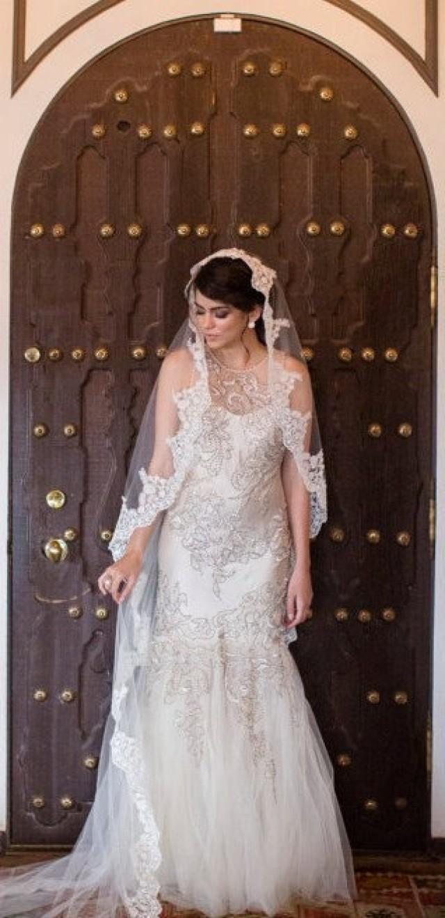 Beaded Lace Wedding veil Catholic bridal  beaded lace veil 90 long with high end exclusive lace edge mantilla style Spanish veil