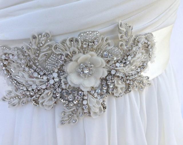 Image of an Ivory Beaded Bridal Sash With Crystals Wedding Dress Sash