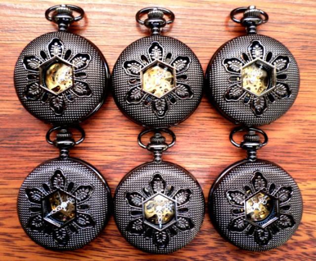 Wedding Set Of 6 Mens Black Mechanical Pocket Watches With Copper Dial And Vest Chains Groomsmen