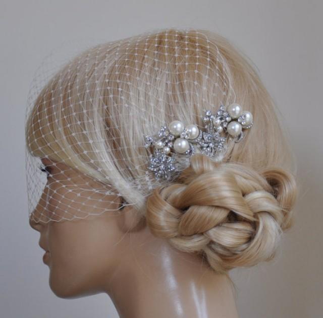 Birdcage Veil And 2 Small Bridal Combs (3 Items) Swarovski Pearls