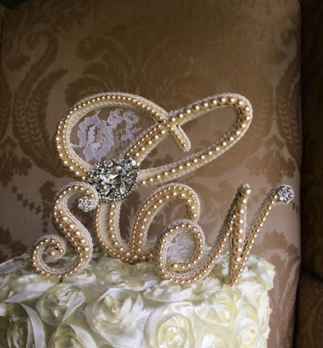 Custom Triple Monogram Pearl Cake Topper Wedding Cake Topper Pearl Cake