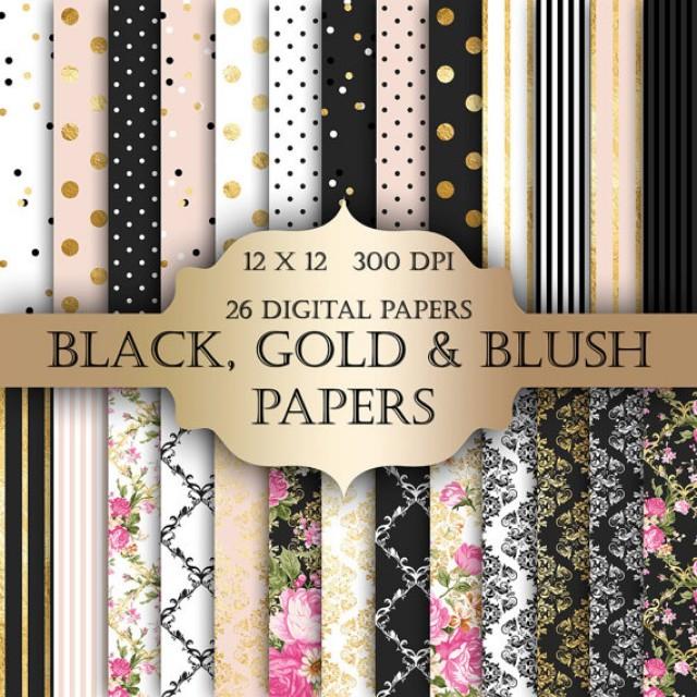 Gold Foil Shabby Chic Digital Papers Black Gold Polka Dot Stripes Damask Floral Glitter Printable Backgrounds Scrapbooking Invitations 2267378 Weddbook