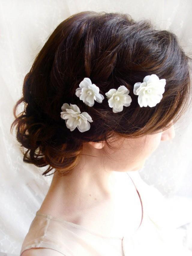 White Flower Hair Pins, White Bridal Hair Accessories FALLEN STARS