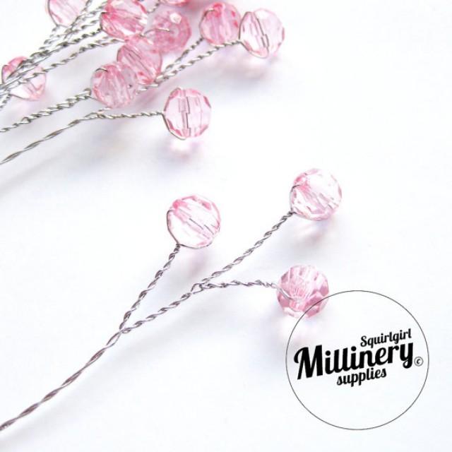 6 Light Pink Acrylic Bead Picks On Silver Wire For Millinery And