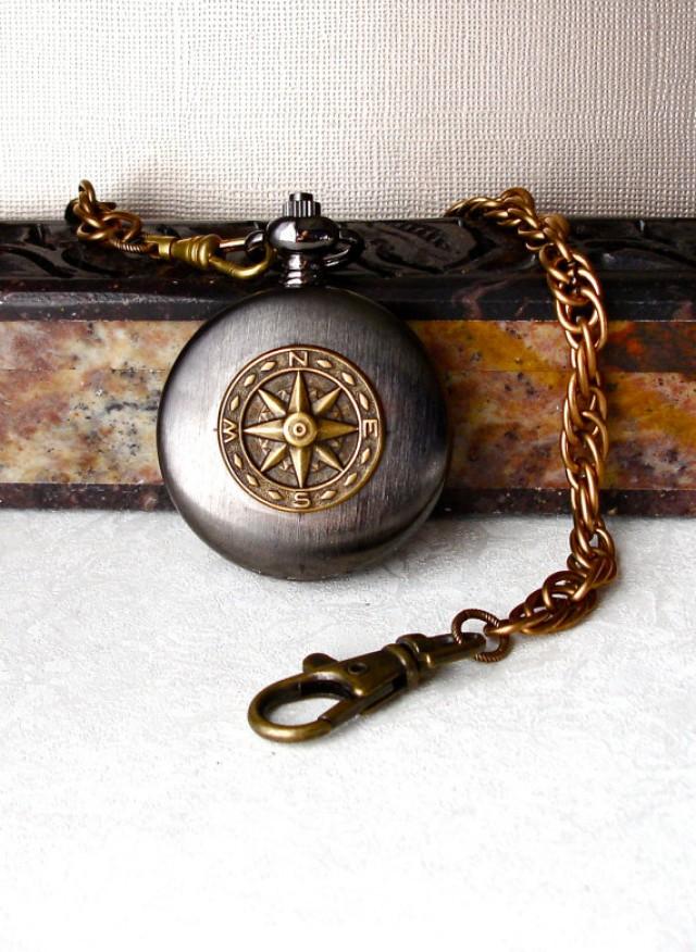 Steampunk Compass Pocket Watch Vintage Handmade Chain Gunmetal Case Gothic Numerals Vintage