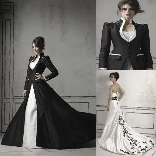 Black Long Sleeved High Collar Gothic Wedding Dresses Taffeta Black Long Sleeved High Collar Gothic Wedding Dresses Taffeta Gown Beads Liques Ruffles Sweetheart Waist Band Dress Online With