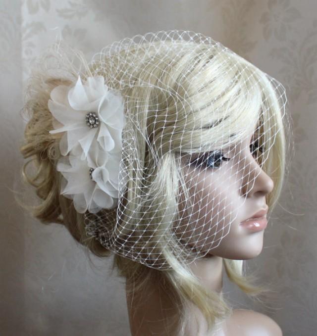 Ivory Silk Organza Flowers Hair Clip And Birdcage Veil ( 2 Items