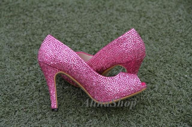 Pink Crystals Wedding Shoes Open Toe Heels Hot Pink Rhinestone Bling Prom Shoes Wedding Heels