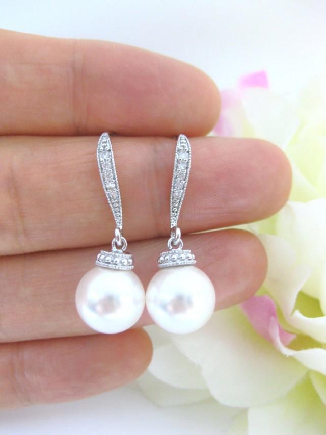 Bridal Pearl Earrings Swarovski 10mm Round Pearl Drop Dangle Earrings