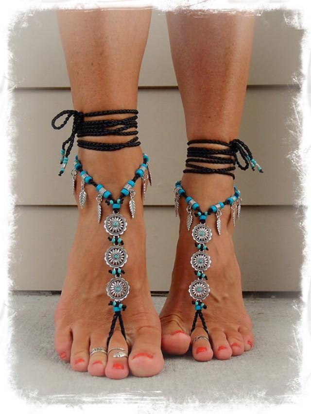 For Jane Black Daisy Barefoot Bohemian Wedding Barefoot Sandals Turquoise Beaded Toe Anklets