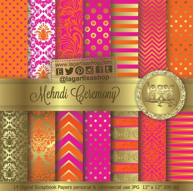 Mehndi Ceremony Gold Hot Pink Tangerine Orange Indian Wedding