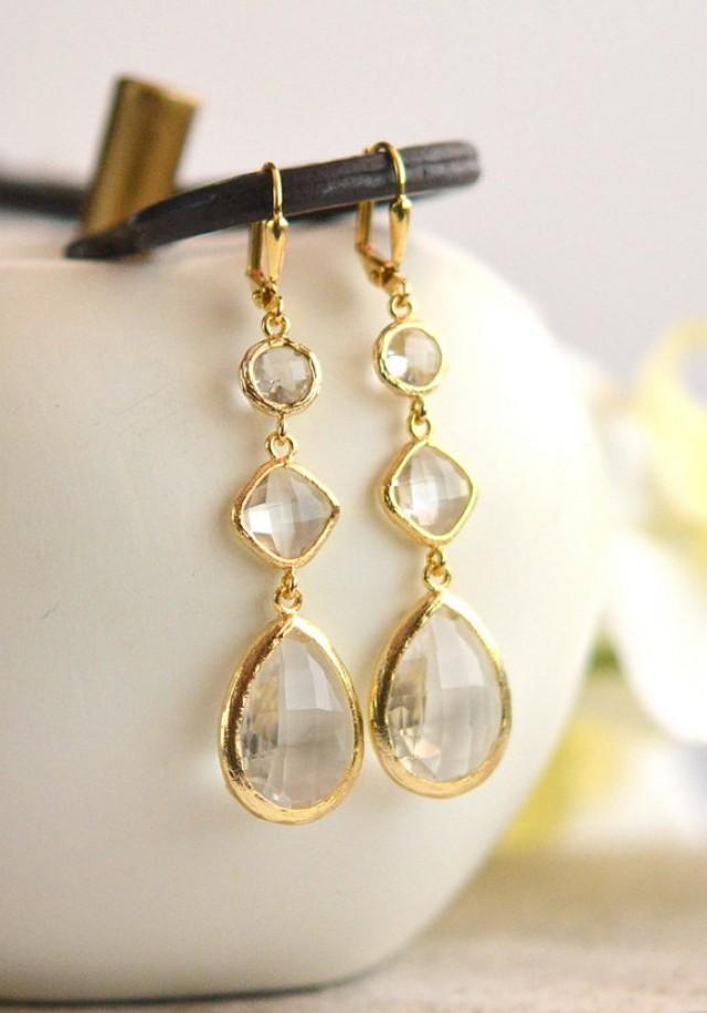 Long Jewel Earrings In Clear Crystals. Bridesmaids Earrings. Dangle