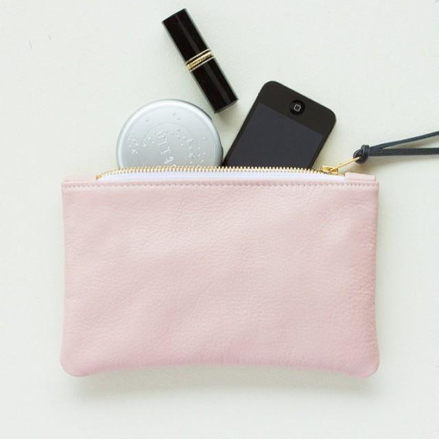 Pale Pink Leather Zipper Clutch, Zipper Pouch, Zipper Wallet, Everyday
