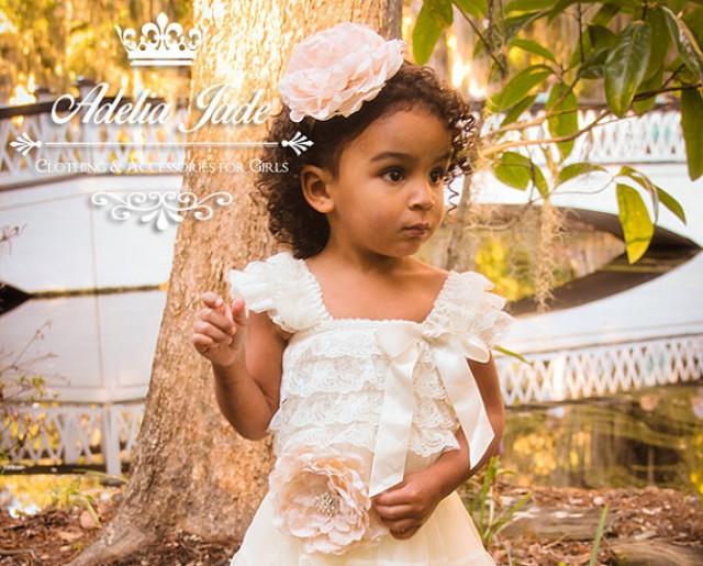 Girls Lace Dress 3 Piece Set, Sash Headband Set, Cream Toddler Lace Dress, Baby Flower Girl