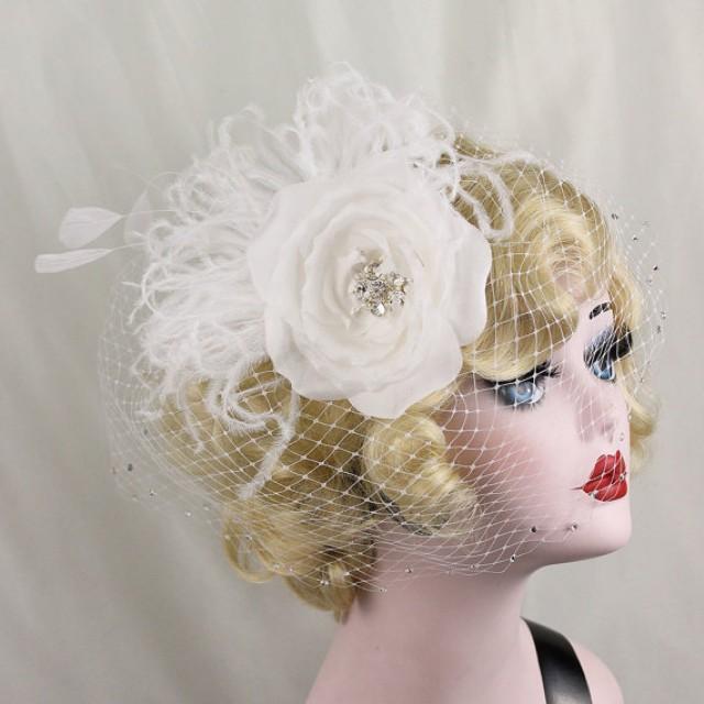 Bridal Hair Flower, Birdcage Veil, 2 Piece, Feather Fascinator, Bridal