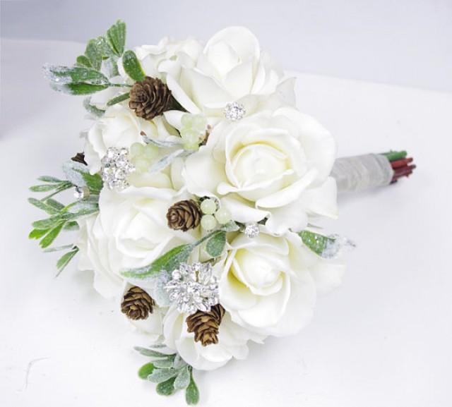 Christmas White Silk Brooch Wedding Bouquet Natural Touch Roses And