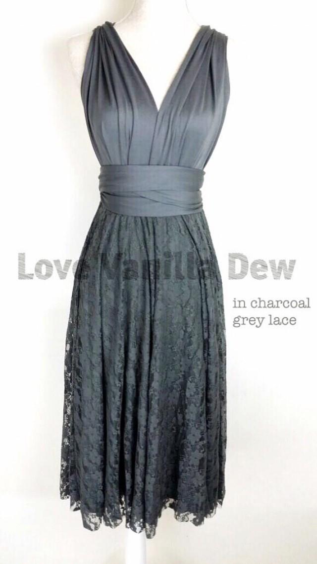 Bridesmaid Dress Infinity Dress Charcoal Grey Lace Knee Length Wrap Convertible Dress Wedding