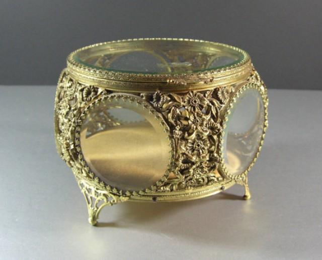 Round Matson Beveled Glass Ormolu Jewelry Casket // Trinket Dresser Box
