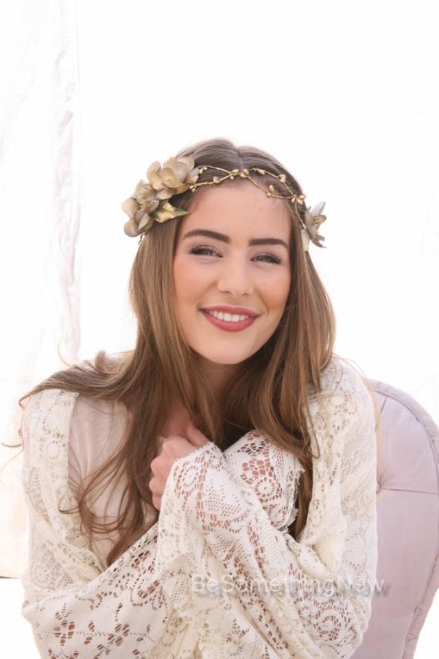 Gold Wedding Woodland Flower Headband With Gold Flowers And Ribbon Ties