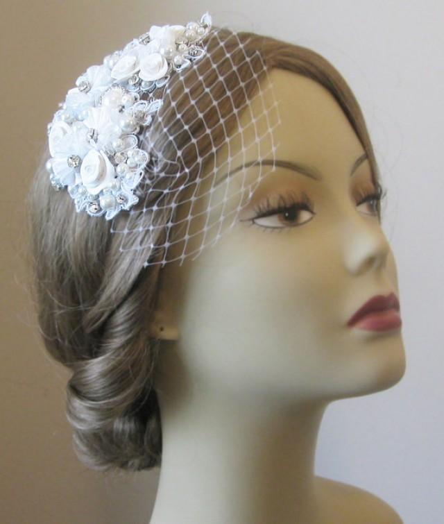 White Lace Fascinator With Netting, White Bridal Fascinator And Mini 