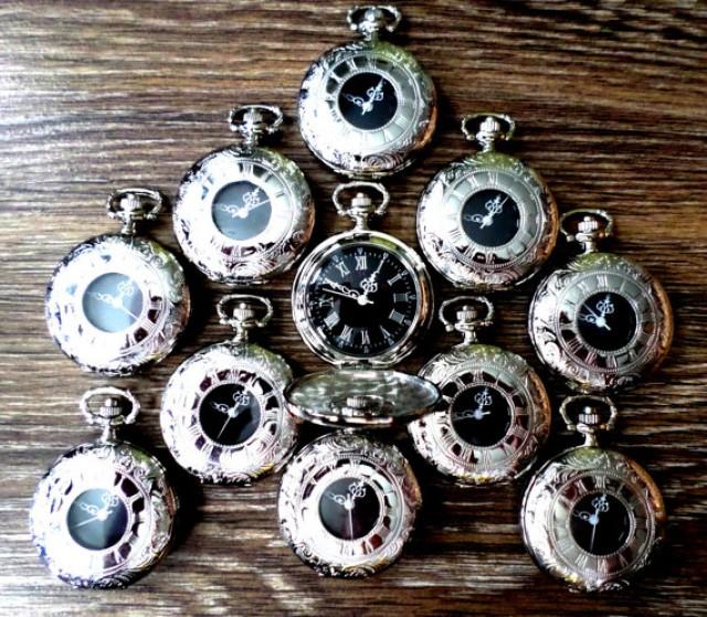 Pocket Watch Set Of 12 Silver Quartz With Vest Chains Clearance