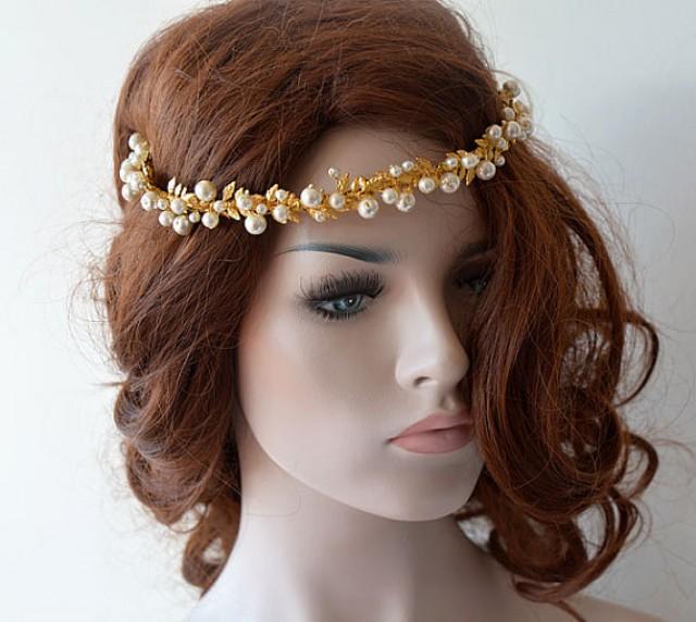 Gold Bridal Headband, Gold And Pearl Wedding Crown, Bridal Hair