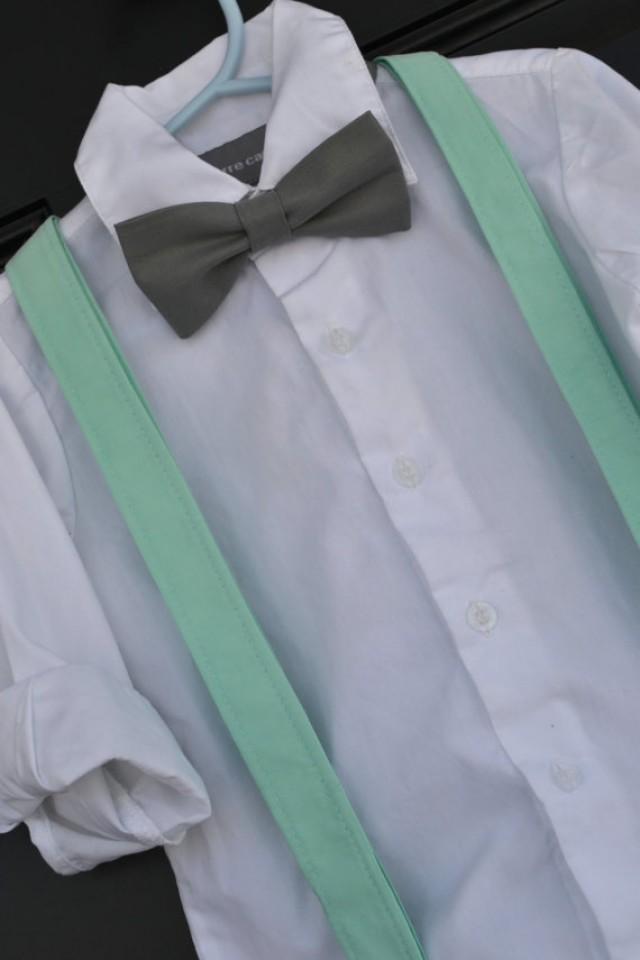 Bowtie And Suspenders Solid Grey Bowtie & Mint Suspender Set For Baby
