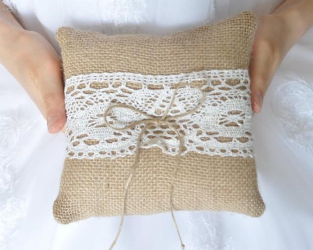 Burlap ring pillow Burlap Ring Bearer Pillow with White or Ivory cotton lace Ring cushion Woodland  Rustic  Cottage style Weddings