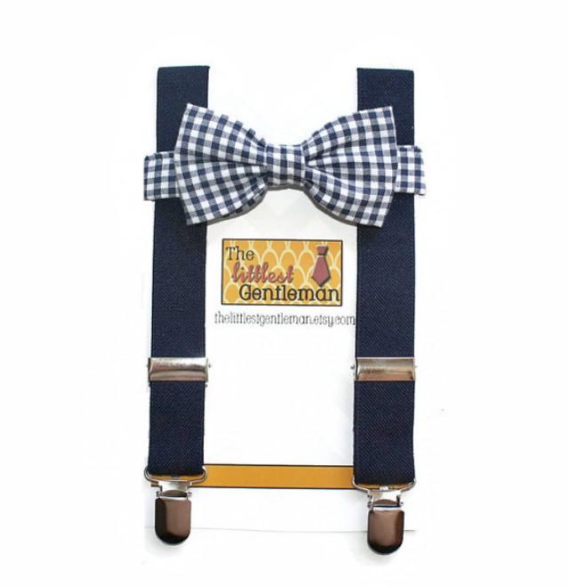 Boy Bow Tie Suspenders Set, Navy Gingham Bow Tie Suspenders Set, Baby