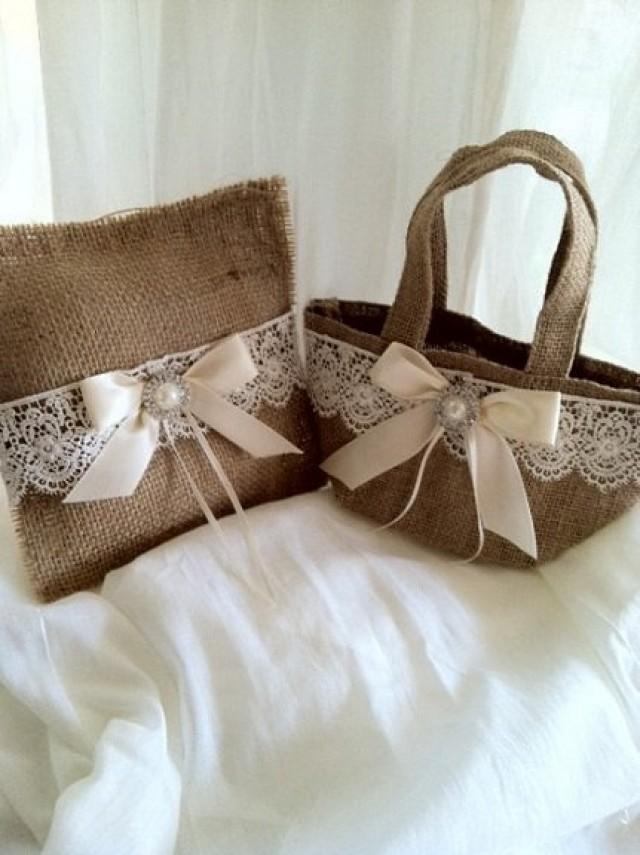 Flower Girl Basket Burlap Jute Ivory White Set Ring Bearer Pillow