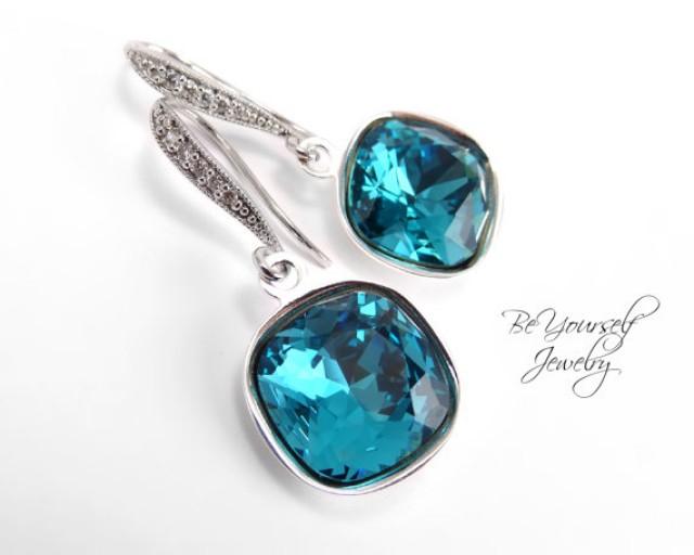 Teal Blue Earrings Swarovski Crystal Cushion Cut Indicolite Earrings
