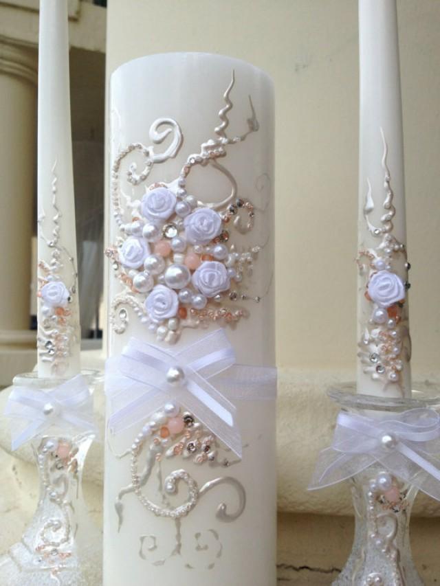 Beautiful Wedding Unity Candle Set In White And Blush Pink With A