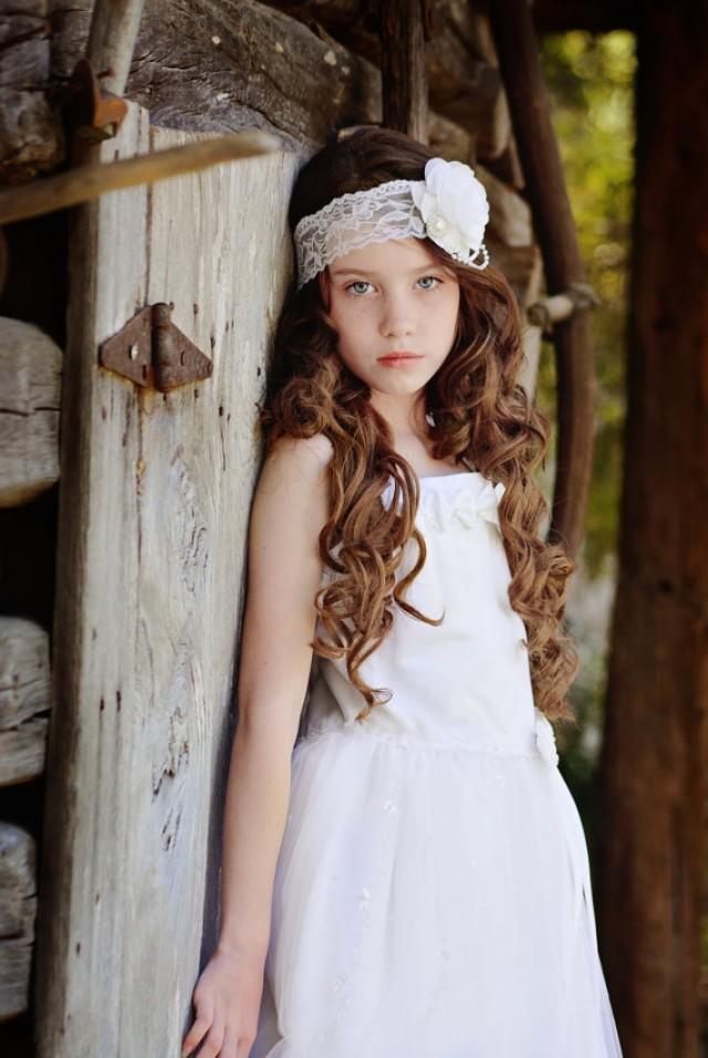 White Flower Headband, White Lace Headband, Flower Girl Headband, White