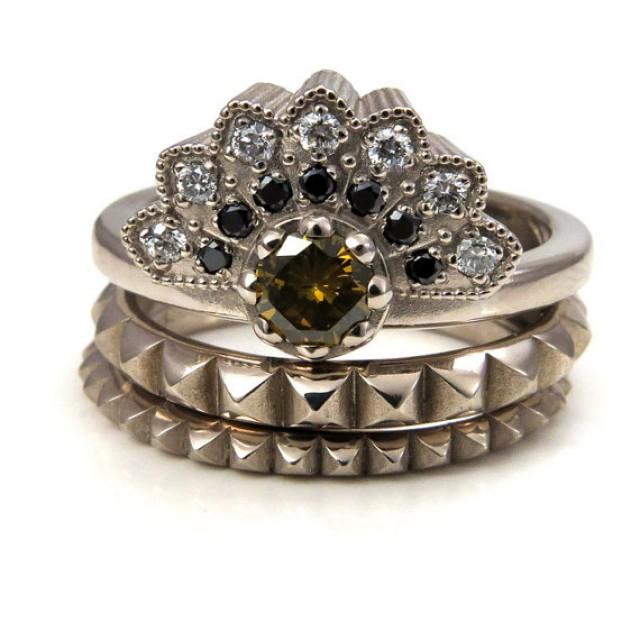 Modern Diamond Fan Engagement Ring Palladium White Gold With Black