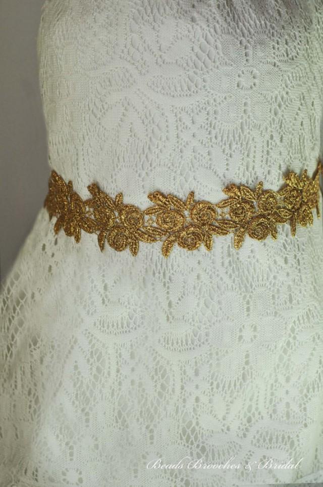 Metalllic Gold Flower Rose Lace Wedding Sash, Bridal Lace Sash, Gold