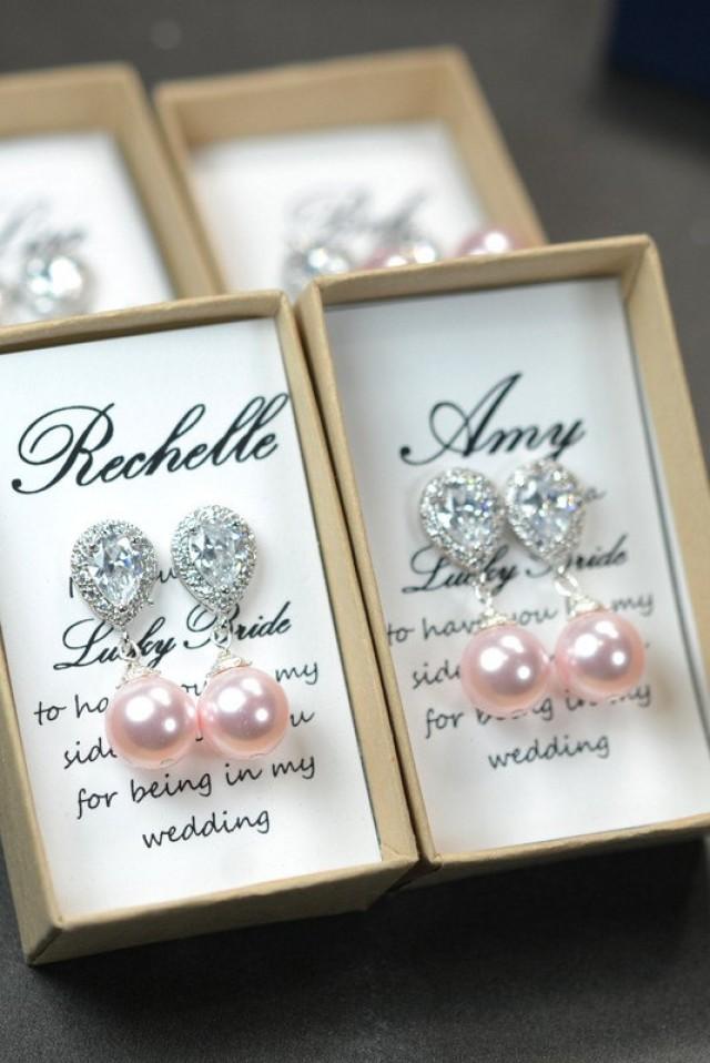 Pearl Bridal Earrings Soft Pink Blush Pearl Earrings Cubic Zirconia