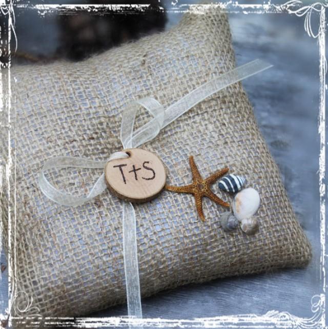 By The Sea Burlap Ring Bearer Pillow Rustic Beach Destination