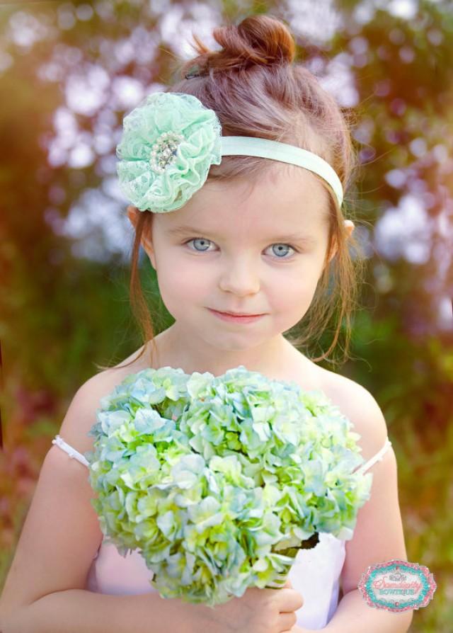 Mint Lace Headband Mint Wedding Headbaned Mint Flower Girl Headband