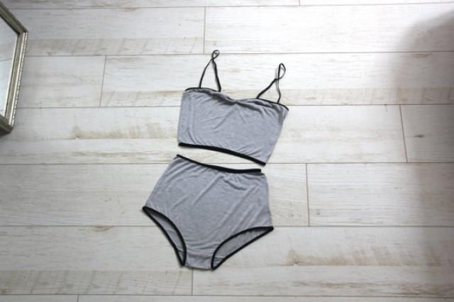 Grey Jersey High Waist Underwear Set Retro Retro Bra Panties