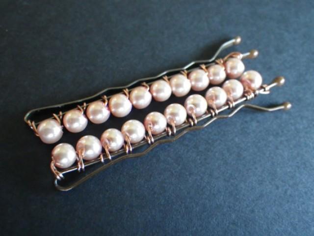 Light Peach Glass Pearls Beaded Wire Wrapped Bobby Pins Hair