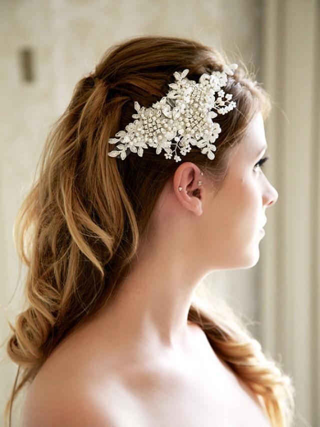 Ivory Bridal Lace Headpiece, Crystal Wedding Headpiece, Lace Bridal Hair Comb, Ivory Lace Bridal