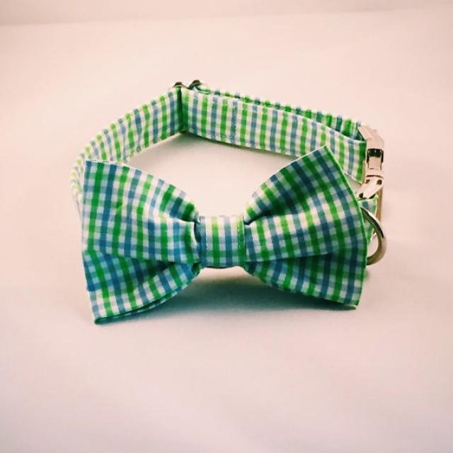 Preppy Blue And Green Gingham Seersucker Dog Bow Tie Collar, Preppy Dog