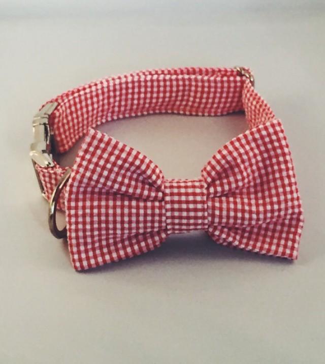 Preppy Red Gingham Bow Tie Dog Collar, Red Check Bow Tie Dog Collar